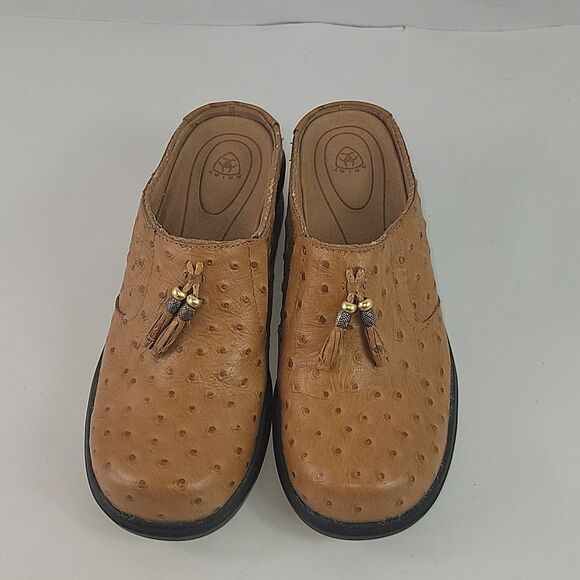 Ariat Ostrich Print Tan Leather Women's Clogs - Picture 9 of 13